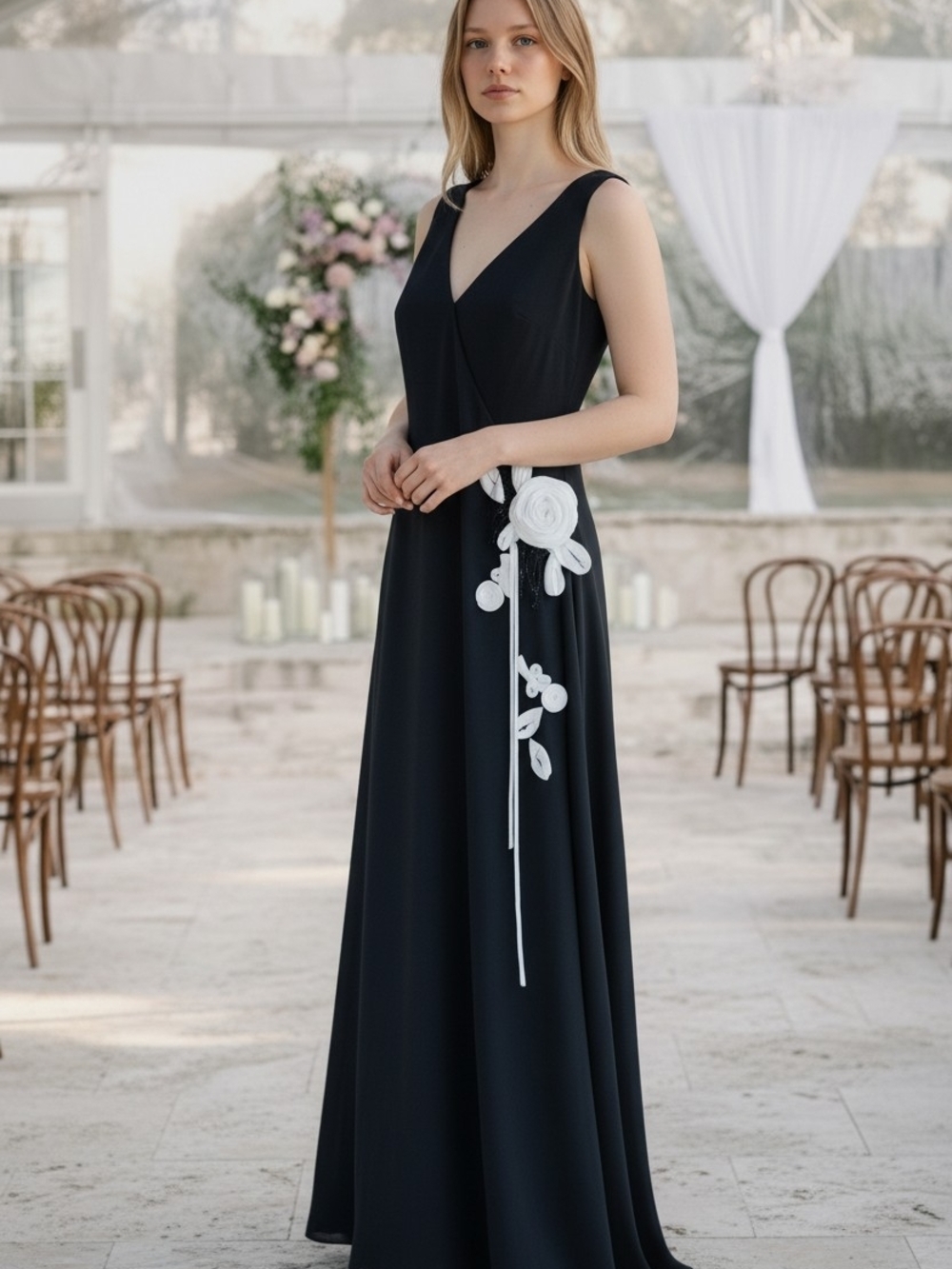 Together Black Maxi Dress with White Floral Appliqué